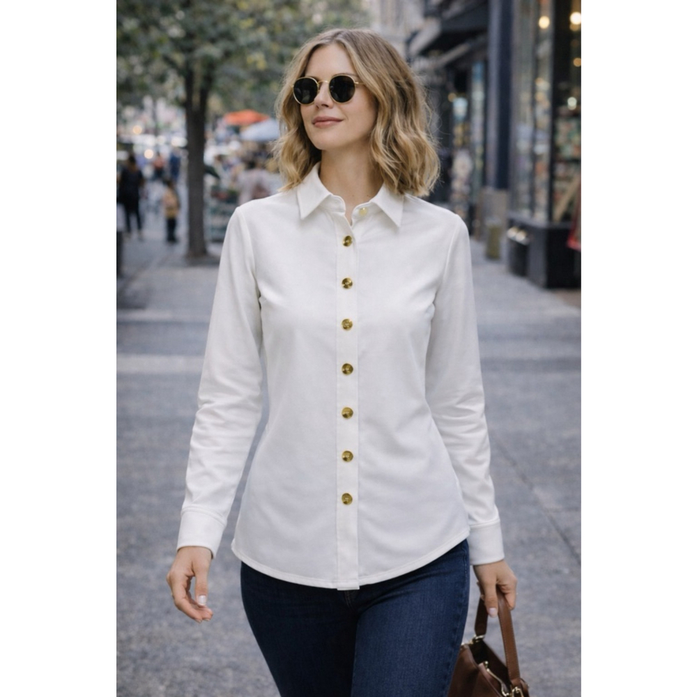 Women's Jude Connally White Button Down Shirt with Gold Buttons XS